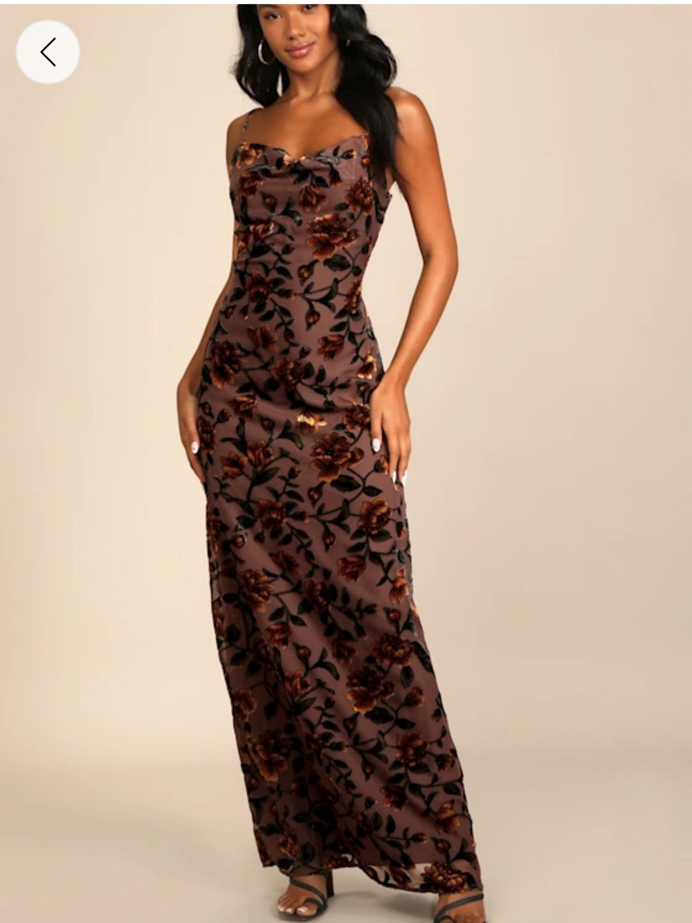 Lulu's Brown Floral Velvet Maxi Slip Dress